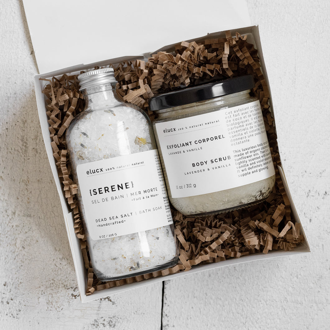 SERENE Spa gift set with bath salt and body scrub